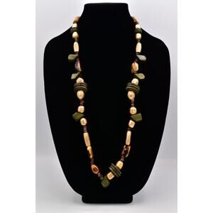 VCLM Vintage Beaded Statement Necklace Green Wood Brushed Gold Boho Signed Bin3C